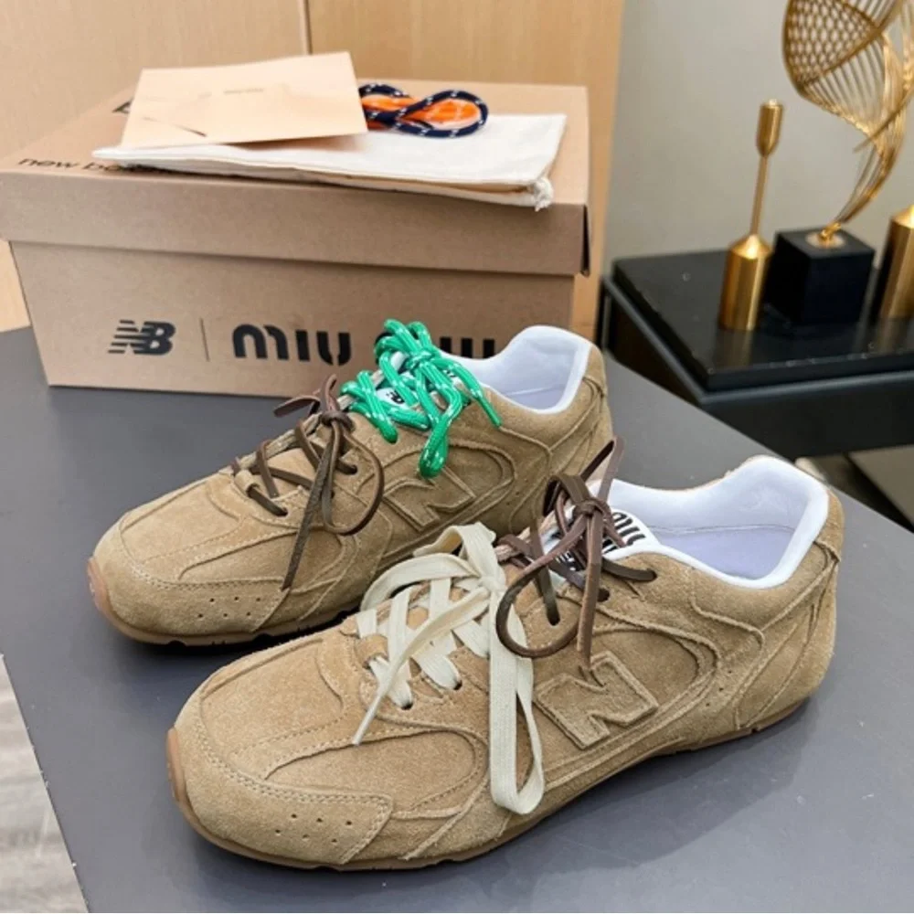 Miu Miu Tan Sneakers with Green and White Laces